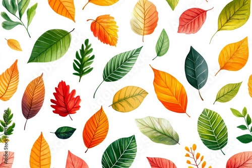 Colorful autumn leaves arranged on a white background showcasing seasonal div...
