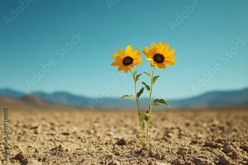 Bright yellow flowers bloom in a vast landscape under clear blue sky