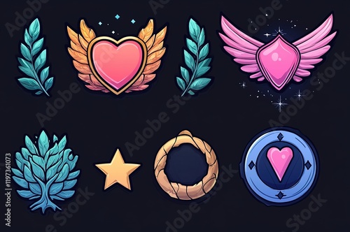 Colorful game assets featuring various symbols and icons for fantasy themed design elements photo