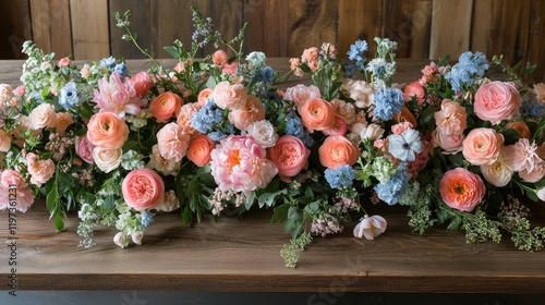 Colorful floral arrangement on wooden table at outdoor event during daylight ...