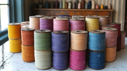 Colorful spools of thread arranged neatly on a table in a craft studio with f...