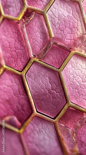 Close up view of vibrant pink hexagonal structures with detailed textures und...