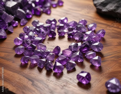 Amethyst gemstones scattered on a wooden surface with a piece of hematite in the center, natural world , mineral stones photo