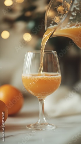Refreshing orange juice poured into a glass beside a window with winter scenery