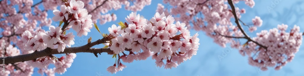 Obraz premium An abundance of vibrant pink and white cherry blossoms on a branch in the foreground against a clear blue sky, flower field , natural scenery, garden scene