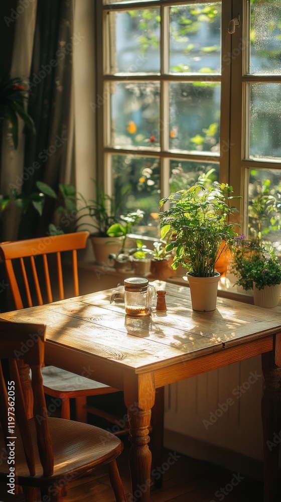 Bright and cozy table by the window with plants and a glass of water in a sunny room Bright and cozy table by the window with plants and a glass of water in a sunny room