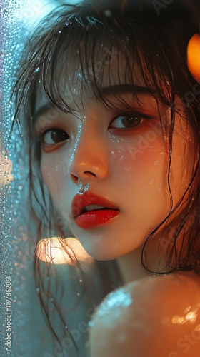 Portrait of a young woman with wet hair and glowing skin illuminated by soft ...
