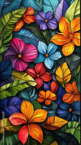 Vibrant tropical flowers and leaves in stunning colorful arrangement with int...