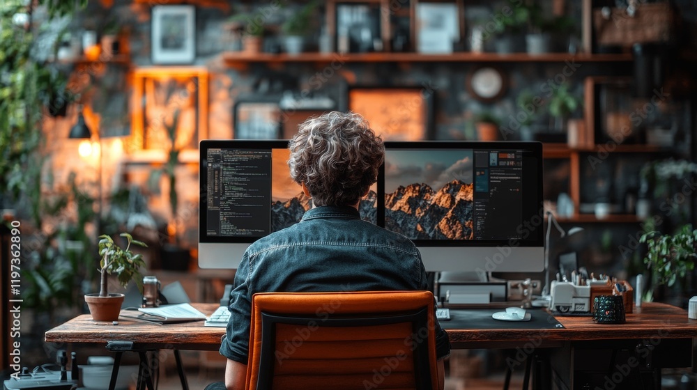 Obraz premium Person working from home at a desk with dual monitors, surrounded by plants and art.