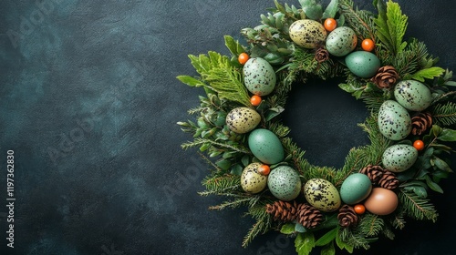 Beautiful Easter wreath decorated with colorful eggs and greenery for spring ...