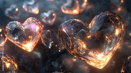 Glowing Glass Hearts Abstract Art Display