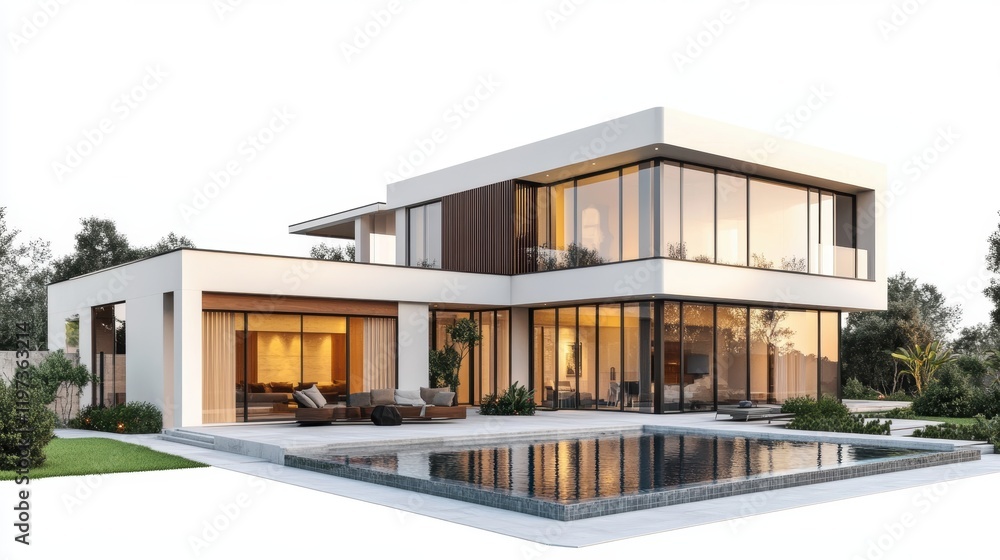 Fototapeta premium 3d rendering of modern house by the river house, luxury, villa, modern, architecture, building, exterior, residential, property, designer