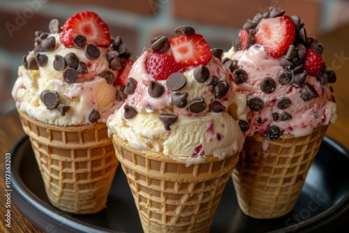 Delicious ice cream cones topped with strawberries and chocolate chips served...
