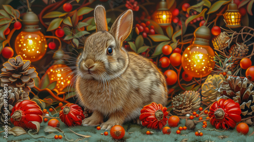 Cozy Autumn Bunny with Lanterns and Festive Decor.. photo