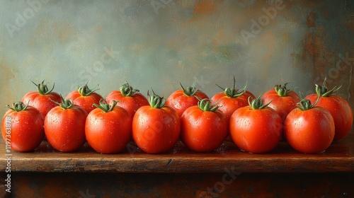 Fresh red tomatoes lined up on wooden shelf with textured background