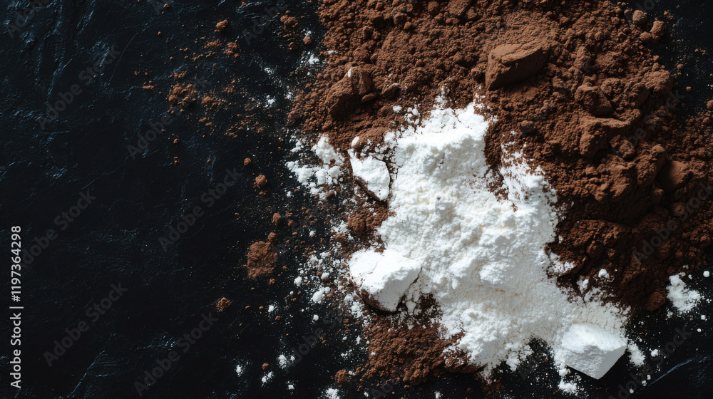 A Close-Up View of Cocoa Powder and White Flour Spilled on a Dark Surface, Highlighting Texture and Contrast in Baking Ingredients for Culinary Use