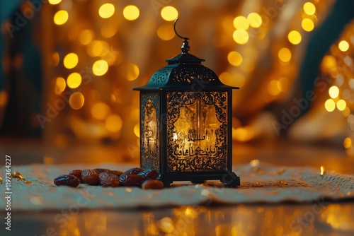 A lantern and dates on the table with golden lights in background for Ramadan concept 