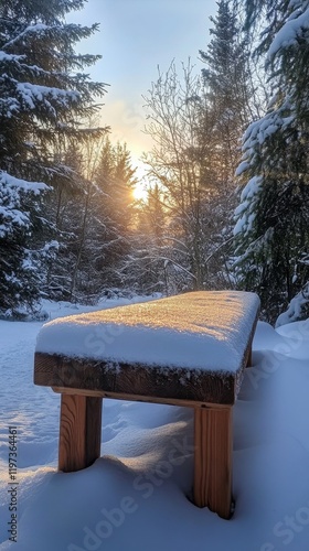 Winter sunset casts golden light on a snowy bench in a tranquil forest setting