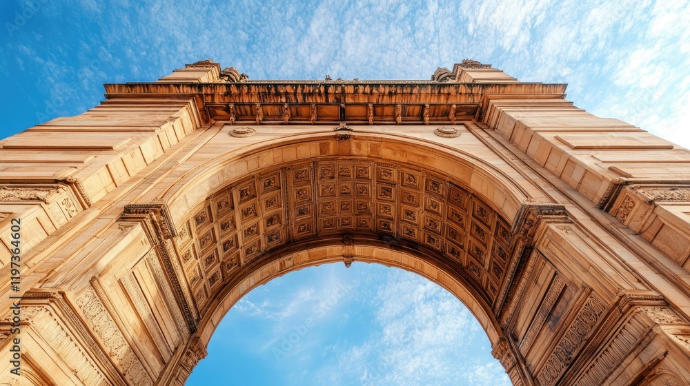 Fototapeta premium Close-up of India Gate's intricate engravings and architecture under a bright blue sky, ideal for historical themes, with copy space