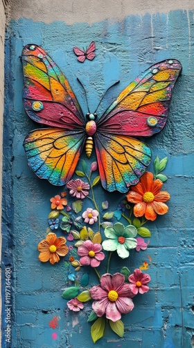 Colorful butterfly mural adorned with vibrant flowers on a blue wall in an ur...