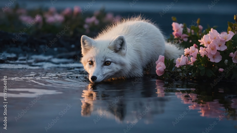 Naklejka premium A serene arctic fox wading through water surrounded by pink flowers at sunset.