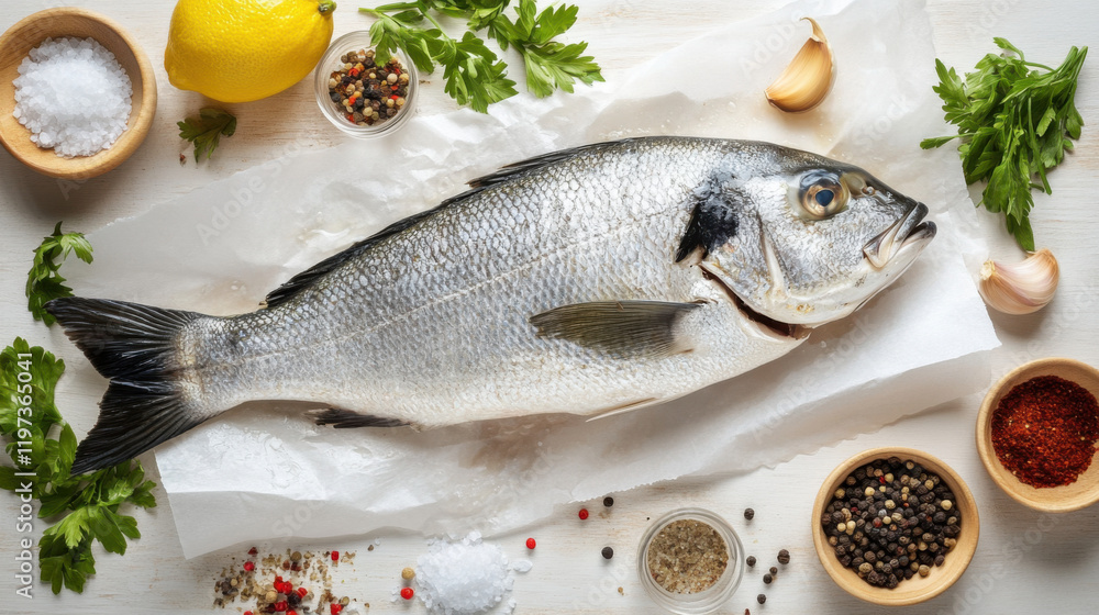 Freshly Caught Whole Fish Surrounded by Ingredients for Cooking, Featuring Lemon, Garlic, Herbs, Spices, and Sea Salt on a White Wooden Table Freshly Caught Whole Fish Surrounded by Ingredients for Cooking, Featuring Lemon, Garlic, Herbs, Spices, and Sea Salt on a White Wooden Table