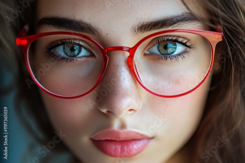 Young person with striking blue eyes wearing red glasses and showcasing natur...