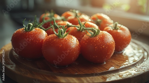 Fresh red tomatoes lined up on wooden shelf with textured background