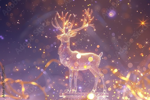 Holy light, crystal white deer, very detailed 3d animation,super clear, transparent, focusing light, optics, realism, Rusty metal Christmas bell ornamentsred podium, pale violet background  photo