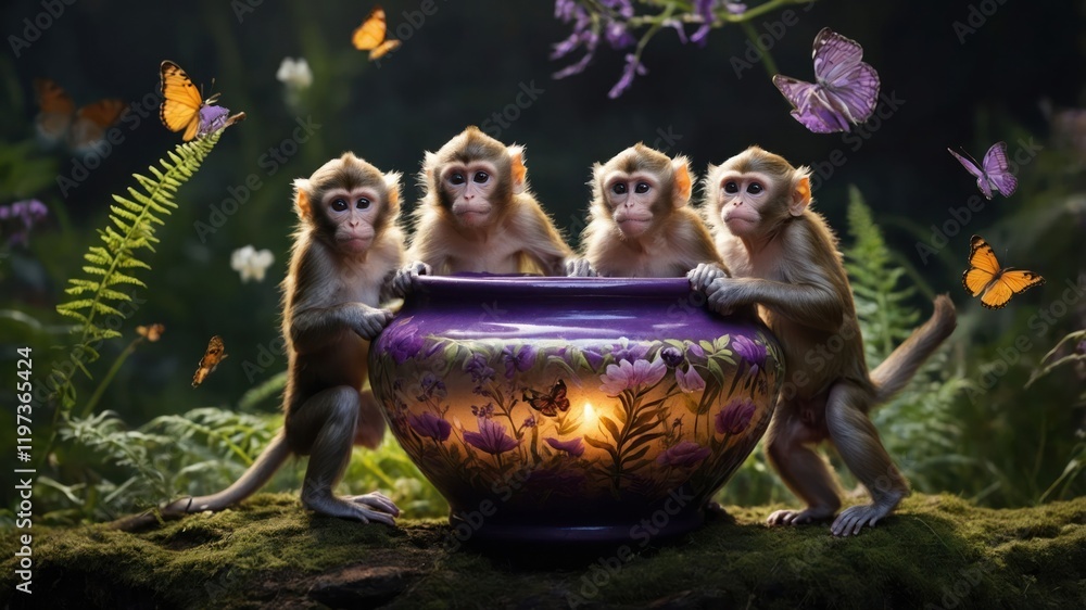 Four monkeys curiously inspect a decorative pot amidst a lush, butterfly-filled environment. Four monkeys curiously inspect a decorative pot amidst a lush, butterfly-filled environment.