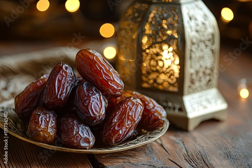 A lantern and dates on the table with golden lights in background for Ramadan concept 