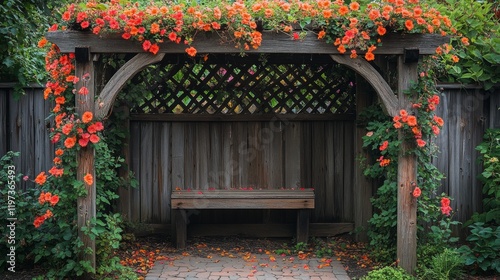 Wooden garden arbor adorned with vibrant flowers near a stone pathway in a se...