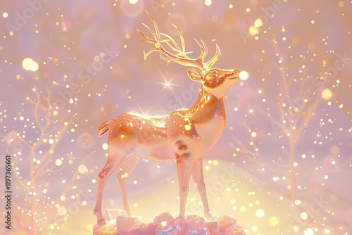 Holy light, crystal white deer, very detailed 3d animation,super clear, transparent, focusing light, optics, realism, Rusty metal Christmas bell ornamentsred podium, pale violet background ,  photo