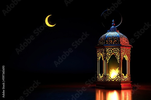 A lantern and dates on the table with golden lights in background for Ramadan concept 