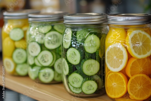Colorful jars of sliced fruits and vegetables displayed on a wooden shelf in ...