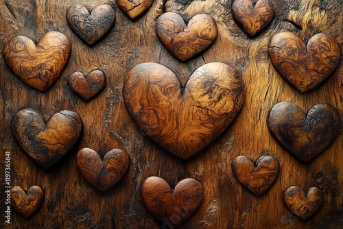 Decorative wooden heart shapes arranged on a rustic wooden background showcas...