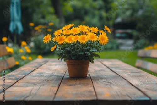 Bright yellow flowers in a pot on a rustic wooden table in a serene garden se...