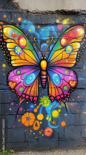 Colorful butterfly mural adorned with vibrant flowers on a blue wall in an ur...