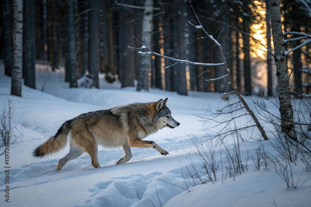 Naklejka premium A timber wolf's bushy tail blends seamlessly into the snow as it runs effortlessly through the forest in search of prey, fur texture, forest ecosystem, forest landscape, animal behavior, predator