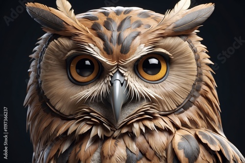 Close-up portrait of a detailed, stylized owl with large, expressive eyes and intricate feather texture against a dark background. photo