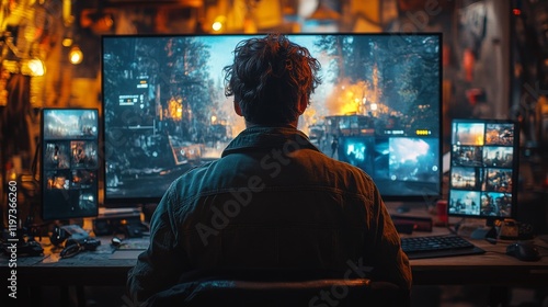 Gamer playing intense first-person shooter video game on multiple monitors in dimly lit room. photo