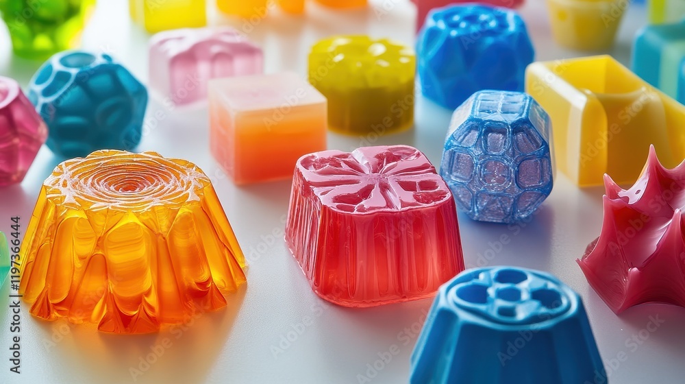 Brightly colored polymer samples, arranged in close-up on a clean laboratory surface, their glossy textures and intricate internal patterns highlighted by soft lighting. Brightly colored polymer samples, arranged in close-up on a clean laboratory surface, their glossy textures and intricate internal patterns highlighted by soft lighting.