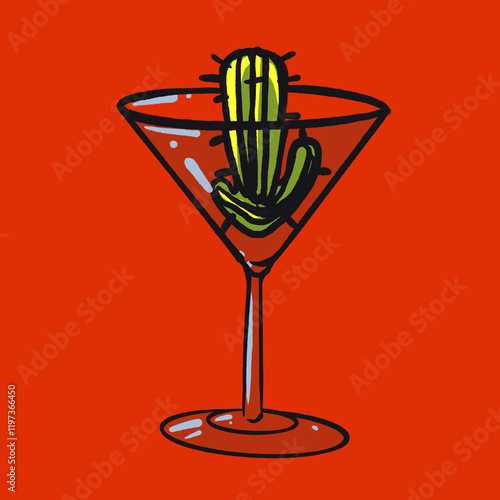 Ink and colour graphic hand illustration of a an empty martini glass containing a cactus