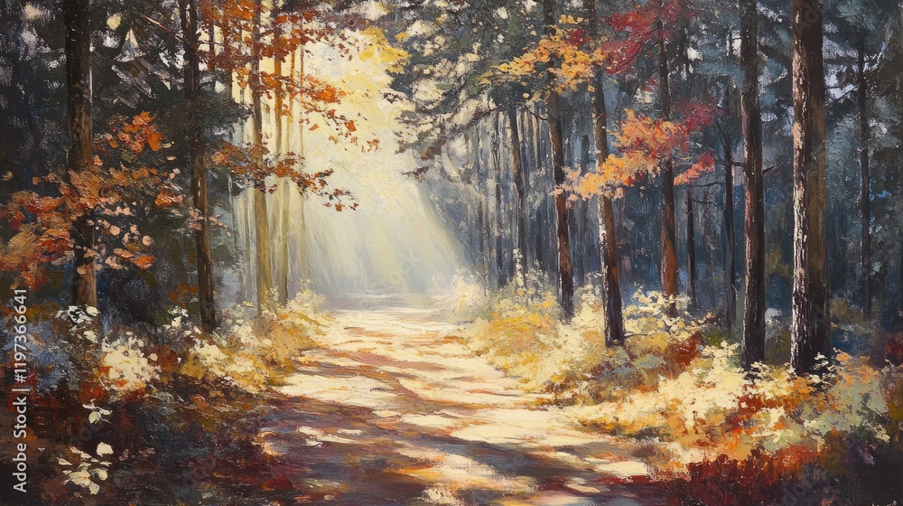 Fototapeta premium Fall scenery with a forest path covered in golden leaves and sunlight streaming through colorful trees, perfect tranquility