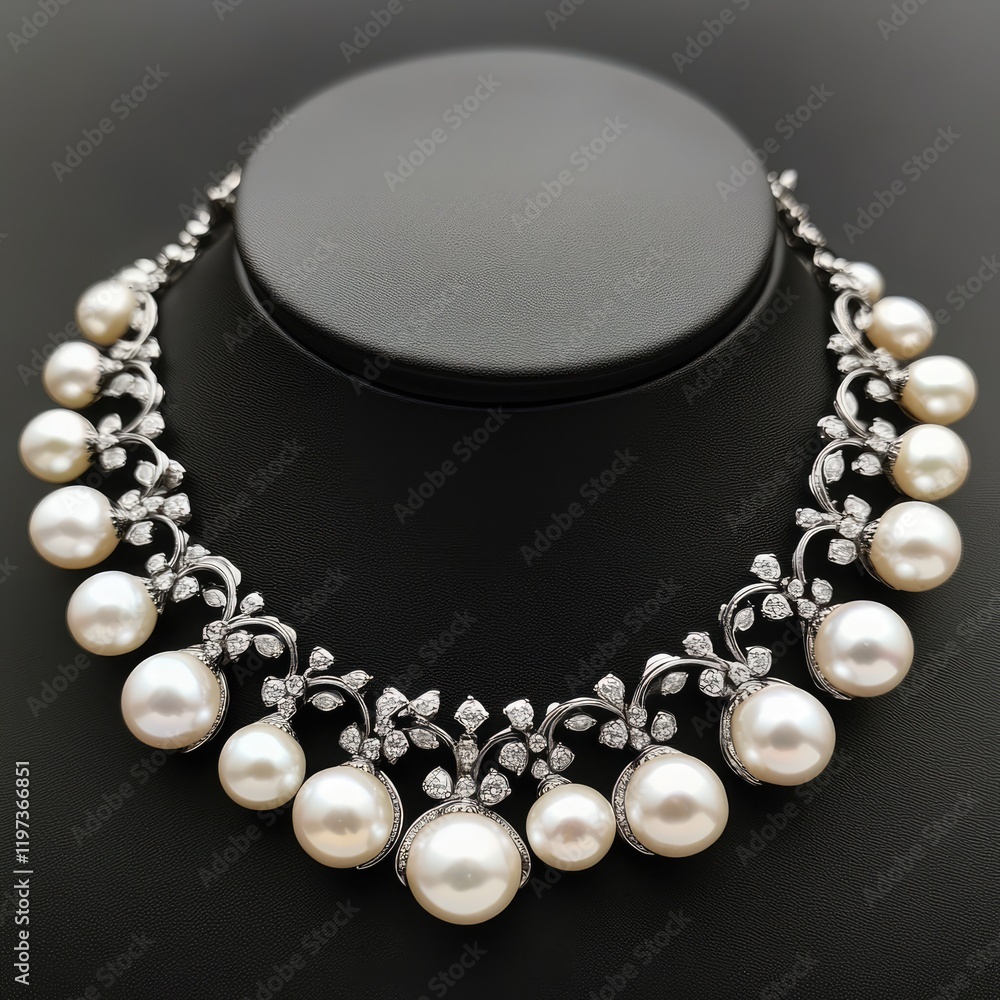 Classic pearl and diamond choker necklace with art nouveau silver clasps and settings Classic pearl and diamond choker necklace with art nouveau silver clasps and settings