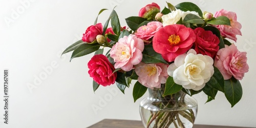 Wallpaper Mural A vase filled with an assortment of vibrant camellia flowers in shades of pink red and white, floral arrangements, decorative vases Torontodigital.ca