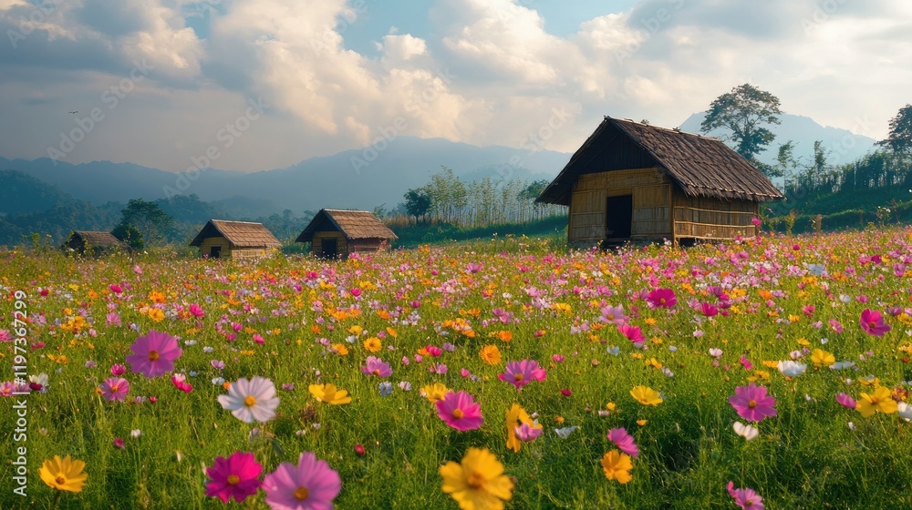 Fields of vibrant flowers with traditional South Asian huts in the background, capturing the spirit of spring, with copy space Fields of vibrant flowers with traditional South Asian huts in the background, capturing the spirit of spring, with copy space