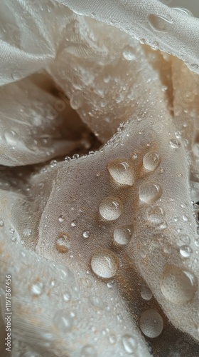 Water droplets glimmer on a delicate fabric surface in a soft light setting