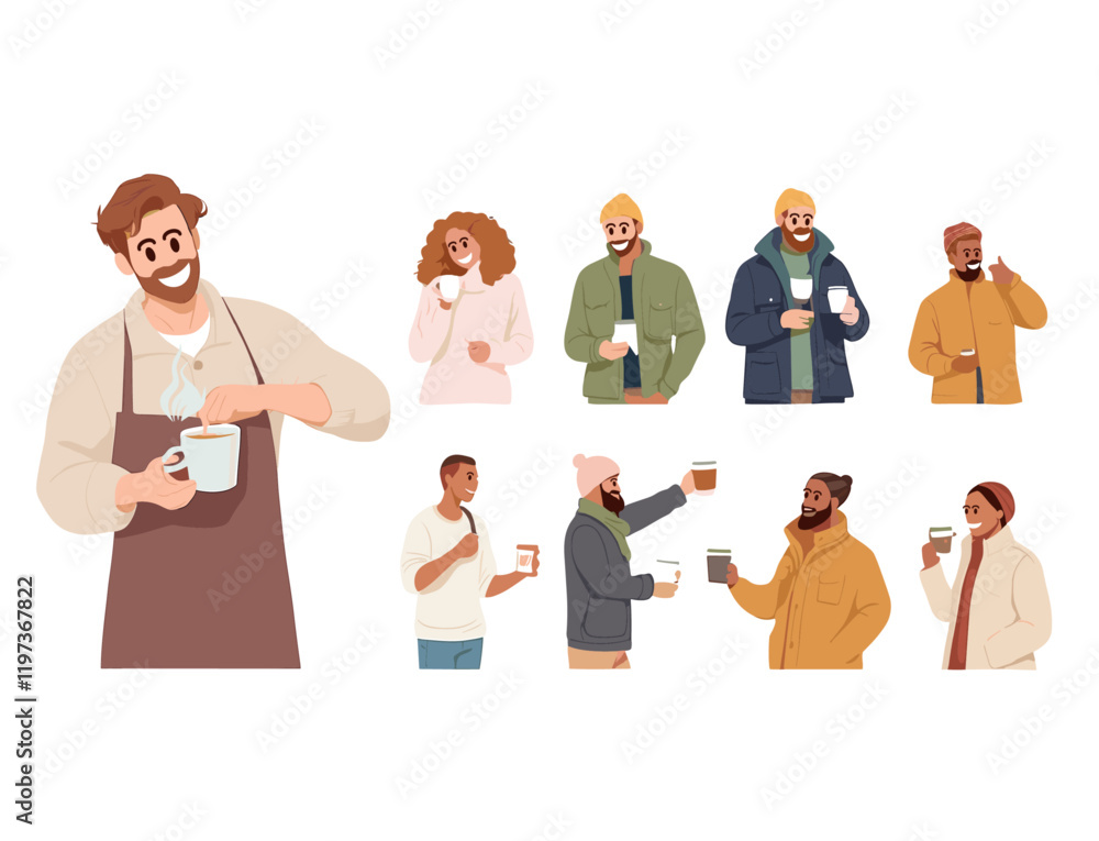 barista preparing making professional coffee different people cartoon character drinking hot drink illustration clipart barista preparing making professional coffee different people cartoon character drinking hot drink illustration clipart