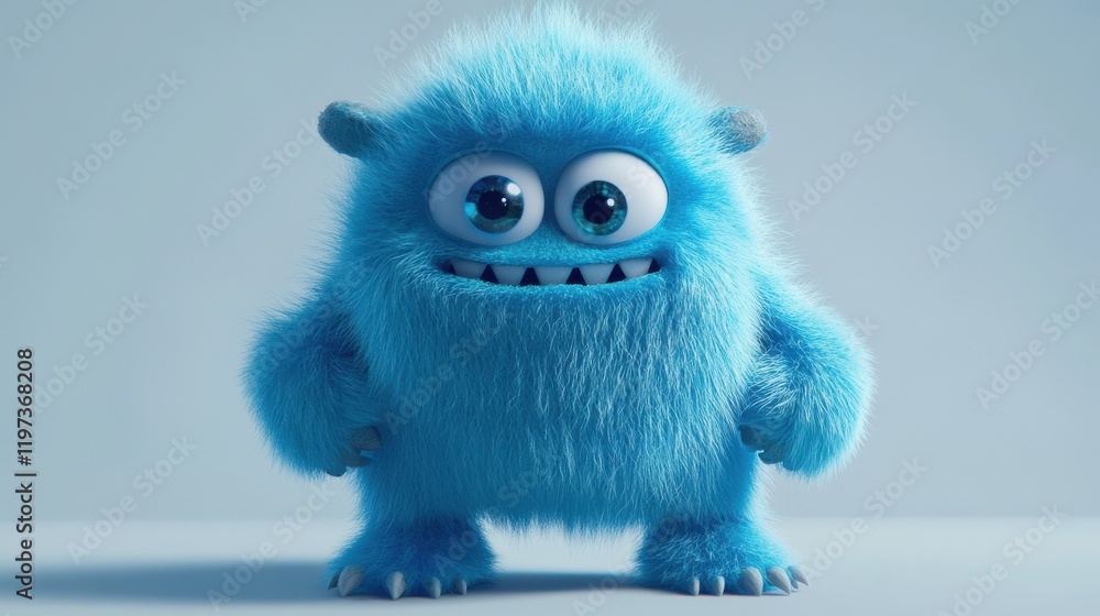 Cute blue furry monster 3D cartoon character.